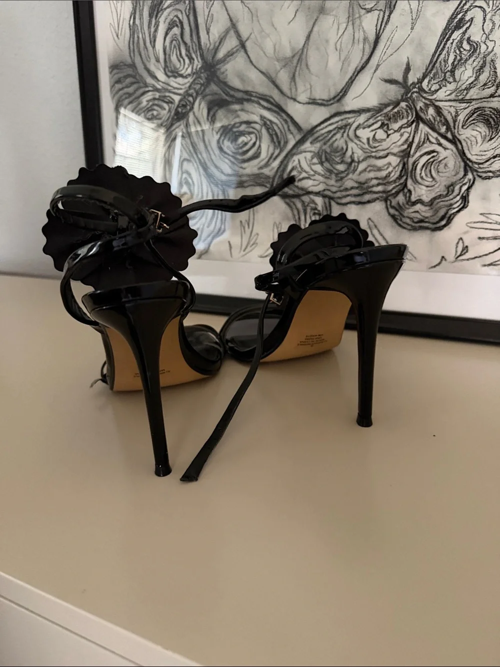 Express Women’s Black Patent Floral Ankle-Strap Sandals